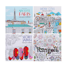Load image into Gallery viewer, Colouring for Mindfulness 4 Books Collection Set (Rangoli, Secret Paris, Secret Japan &amp; Dream Cities) - Non-Fiction - Paperback