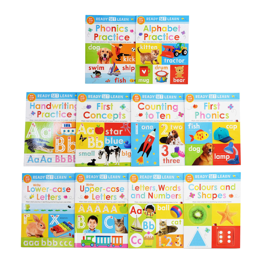 Ready Set Learn 10 Early Learning Wipe Clean Books Colours Shapes Numbers Phonics Handwriting Counting - Ages 3+ – Paperback - Bangzo Books Wholesale