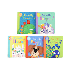 Wheres My Touchy Feely 5 Books Box Set (Dinosaurs, Llama, Unicorn, Puppy & Peacock) by Little Tiger - Ages 0-5 - Boardbook